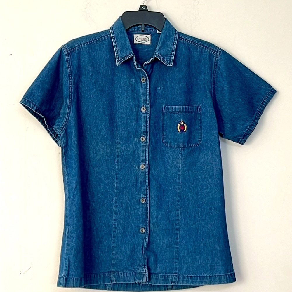 🌞 Bugle Boy For Her Vintage 90s short sleeve button up blue denim shirt women M